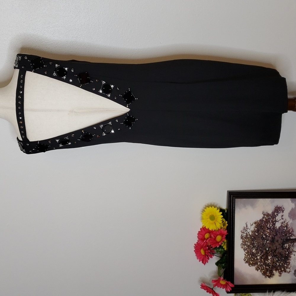 Ann Taylor Signature Black Beaded Low Plunge Dress Luxury Celeb Style Mobwife - Picture 9 of 14